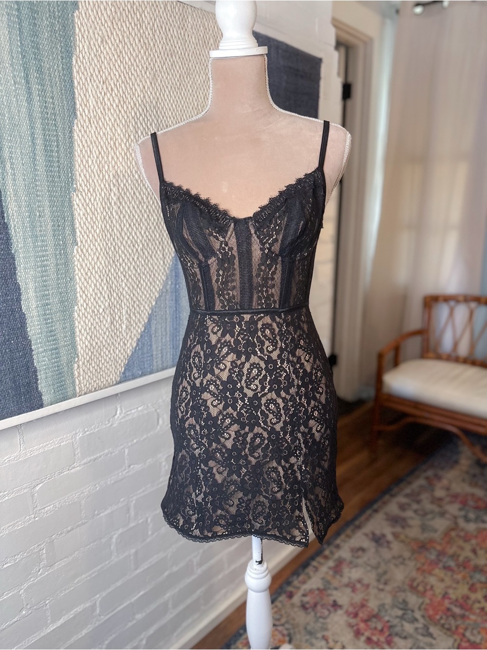 NWT Urban Outfitters Black and Nude Lacy Bodycon Dress